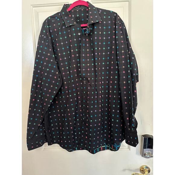 Bugatchi Men's Black Geometrical Pattern Collared Button Down Shirt Size XXL - Picture 1 of 10